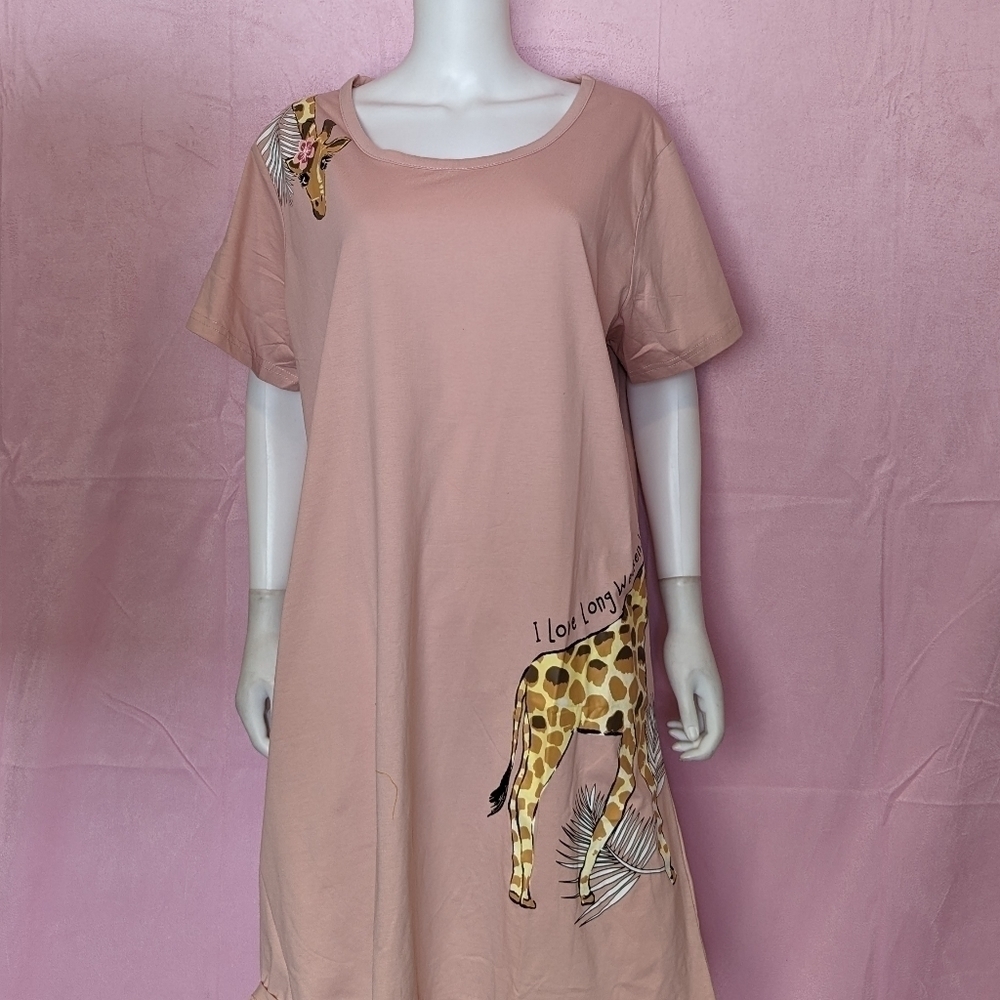 Enjoynight Light Pink Giraffe Long Weekends Short Sleeve Nightdress size XL